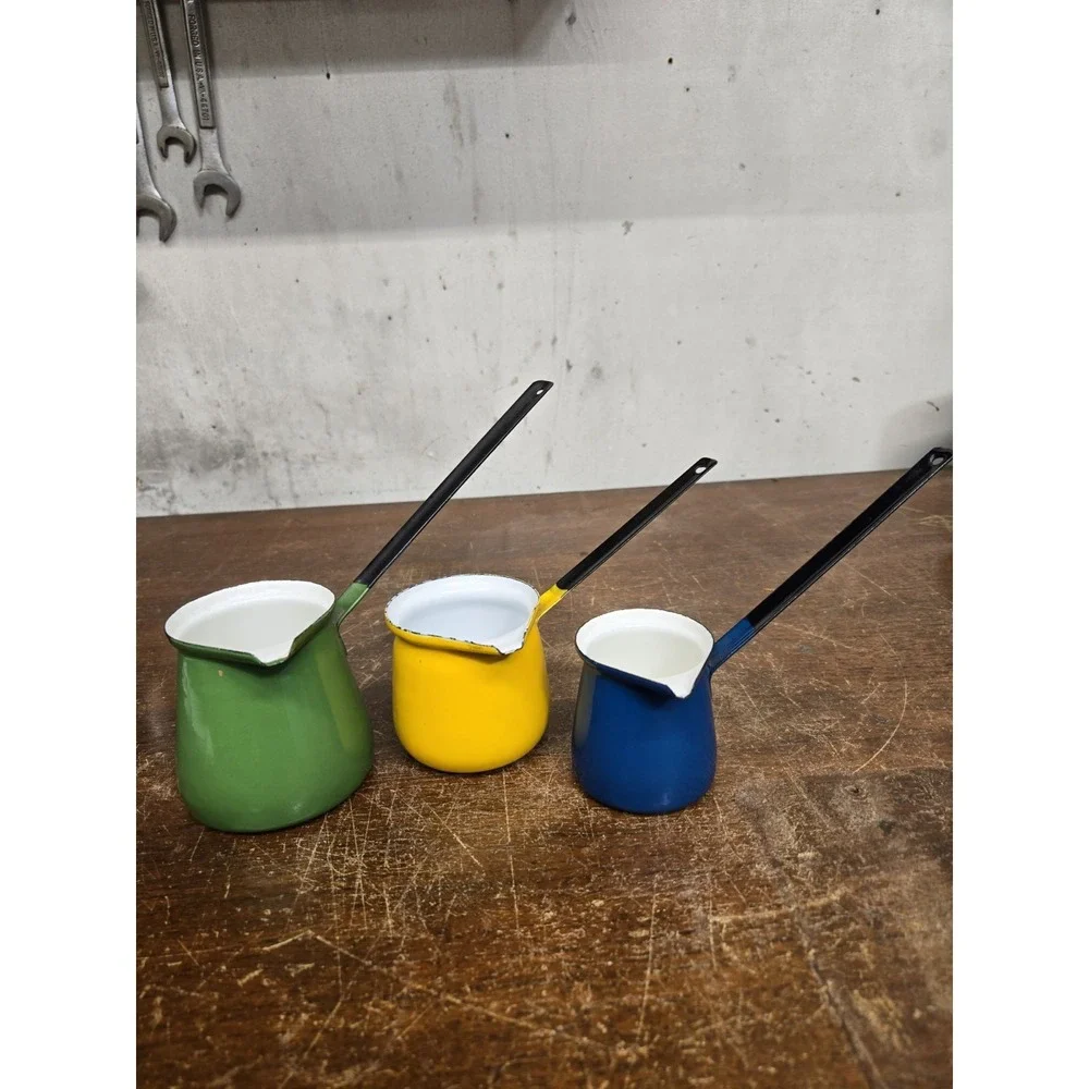 Vintage Enamelware Pouring Pots Set of 3 Green Yellow Blue Long Handle